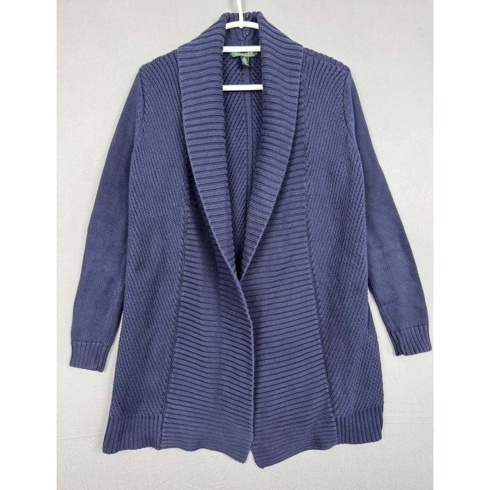 Lauren Ralph‎ Lauren Blue Open Front Cardigan Womens Medium M Ribbed Knit Long
